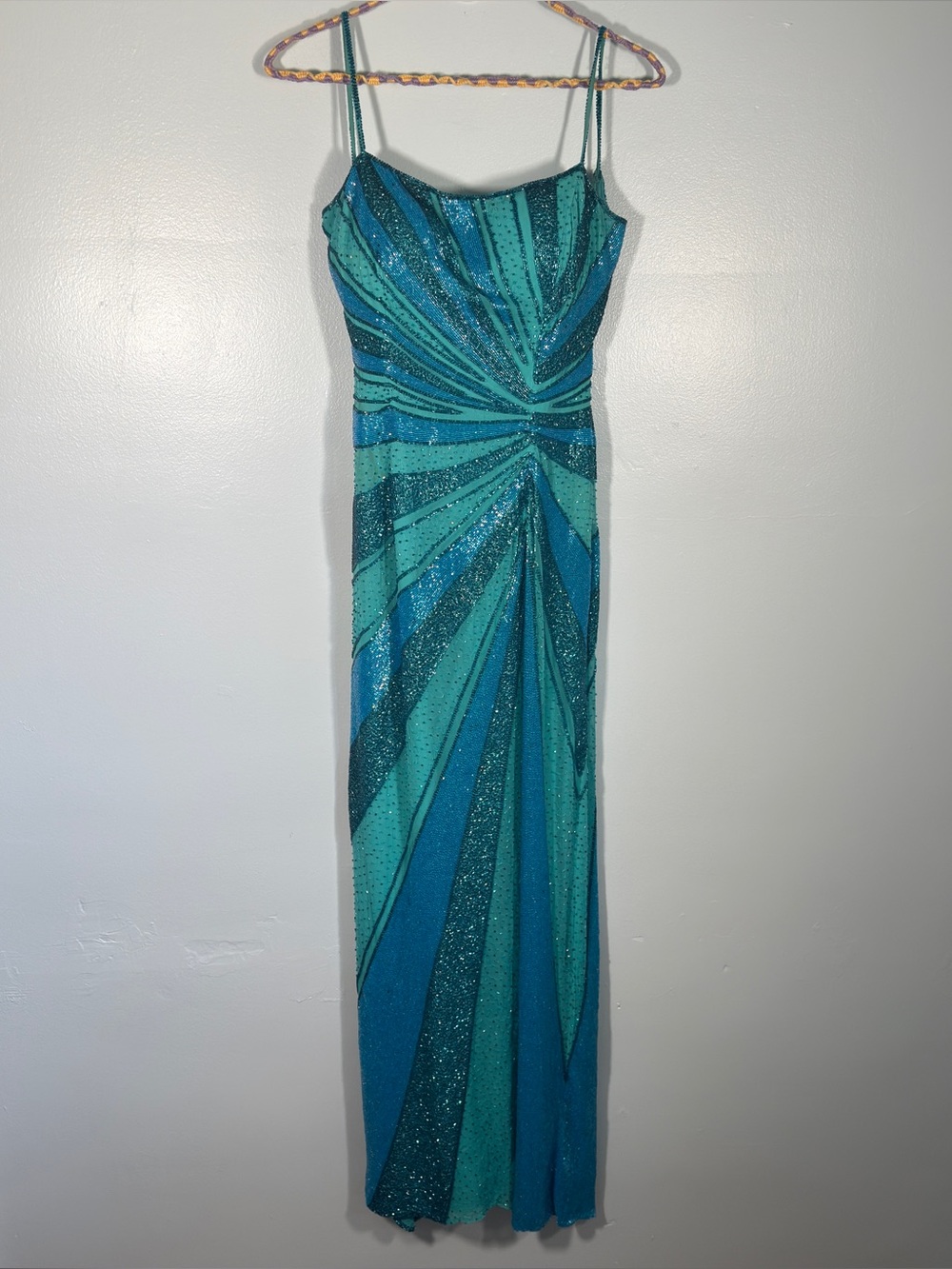 Vintage Y2K Silk Beaded Mermaid Maxi Dress Caché Turquoise Small